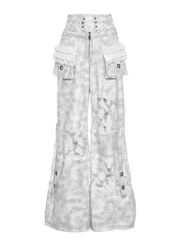 White Double Waistband Distressed Holes Punk Cargo Pants