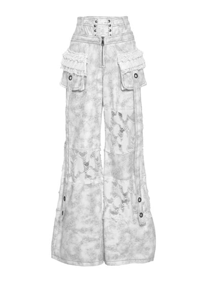 White Double Waistband Distressed Holes Punk Cargo Pants
