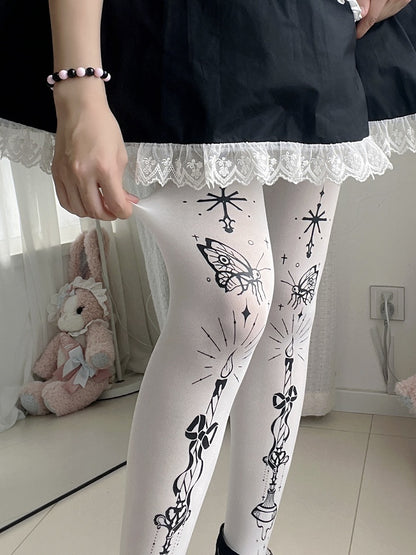 Butterfly and Candelabra Print Gothic Lolita White Tights