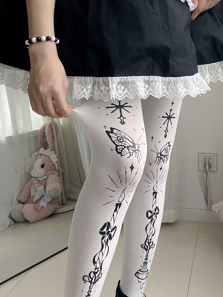 Butterfly and Candelabra Print Gothic Lolita White Tights