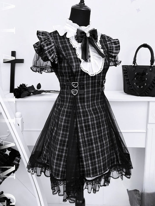 Jirai Kei Flutter Sleeves Heart Buckles Waist Black Plaid Dress with Mesh Overlay
