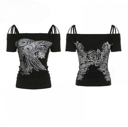 Black Y2K Rhinestone Decorated Floral Design Off-the-shoulder Neckline T-shirt