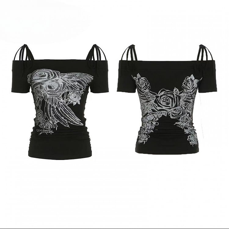 Black Y2K Rhinestone Decorated Floral Design Off-the-shoulder Neckline T-shirt