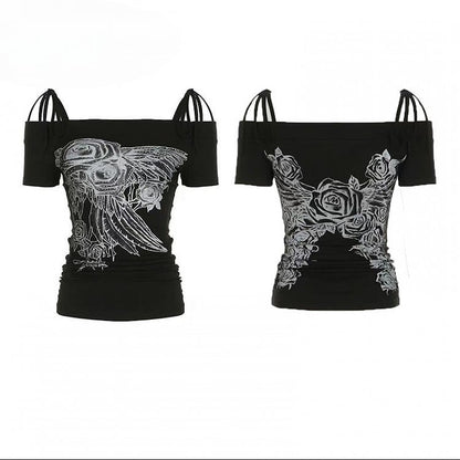 Black Y2K Rhinestone Decorated Floral Design Off-the-shoulder Neckline T-shirt