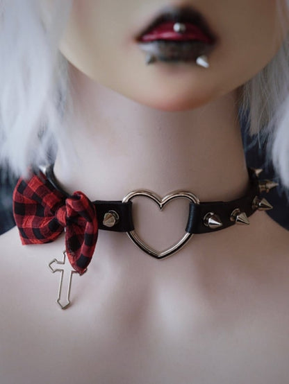 Black And Red Plaid Pattern Bowknot With Cross Pendant Heart Buckle Choker