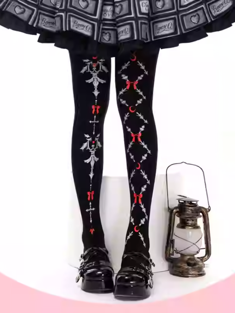 Black Gothic Lolita Red Bows Print Tights