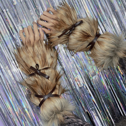 2 Options Yellow&Black Self-tie Strap Shaggy Plush Arm/Leg Warmers