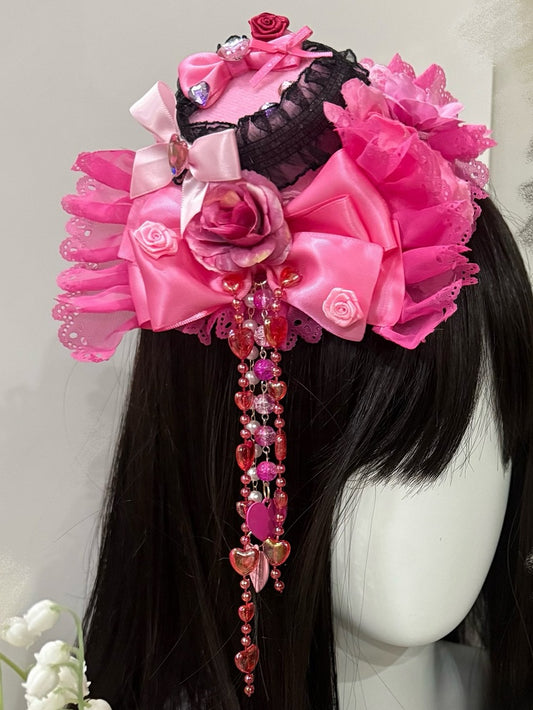 Black&Pink Rhinestone Decorated Floral Design Beaded Chain Lace Trim Mini Hat