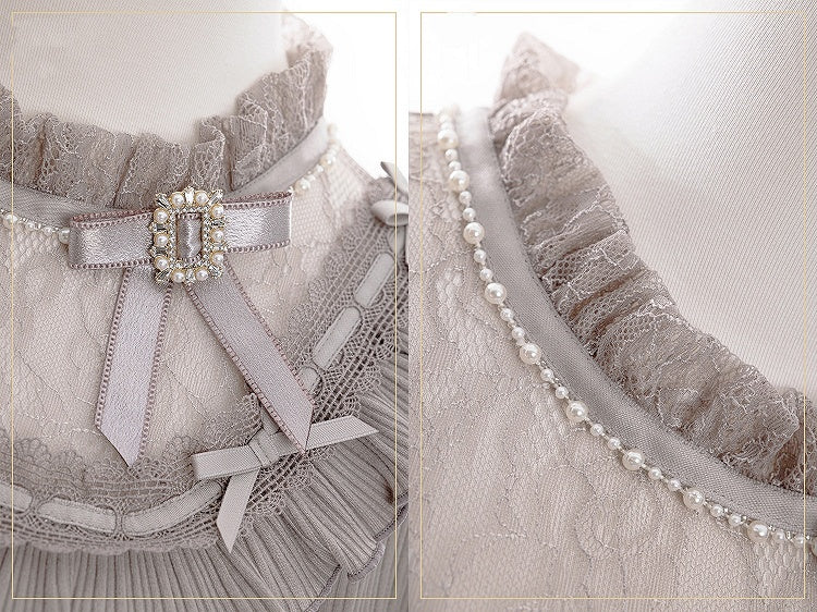 Jirai Kei Bowknots and Beads Decorated Illusion Neckline Gray Blouse with Free Armwear