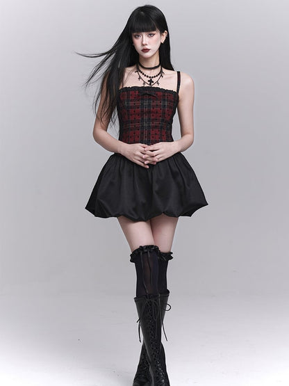 Red Plaid Basque Waist Mini Bubble Skirt Cami Dress