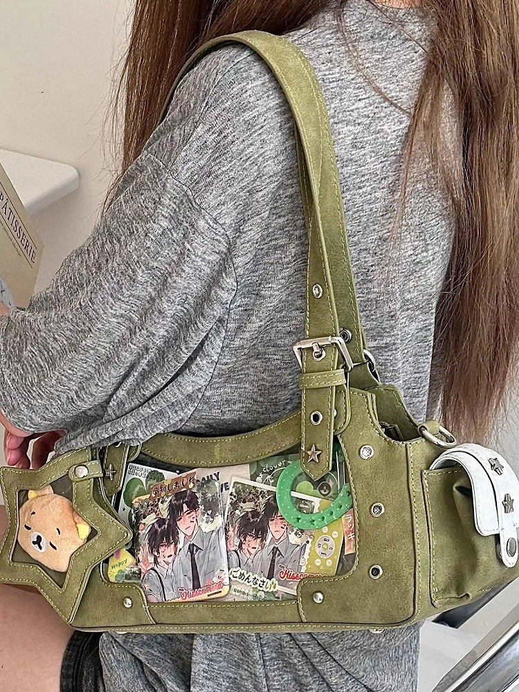Green PU Y2K Shoulder Ita Bag With Star Charm