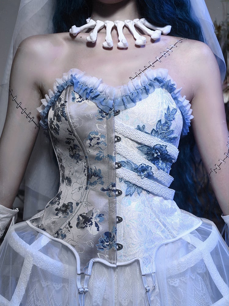 Half White Half Dusty Blue Corpse Bride Floral Embroidery Goth Boned Corset Top