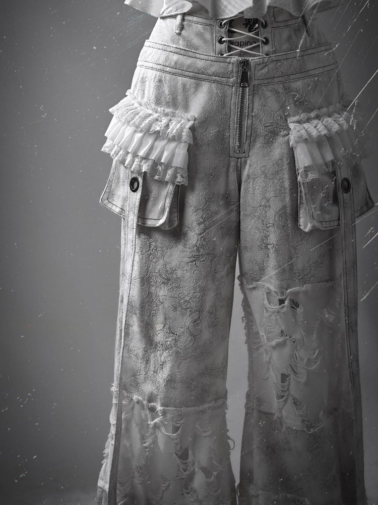 White Double Waistband Distressed Holes Punk Cargo Pants