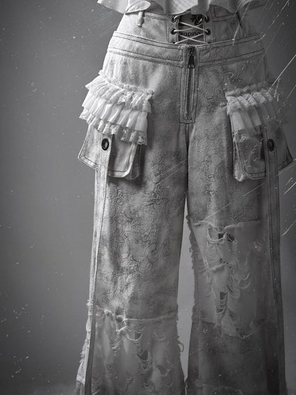 White Double Waistband Distressed Holes Punk Cargo Pants