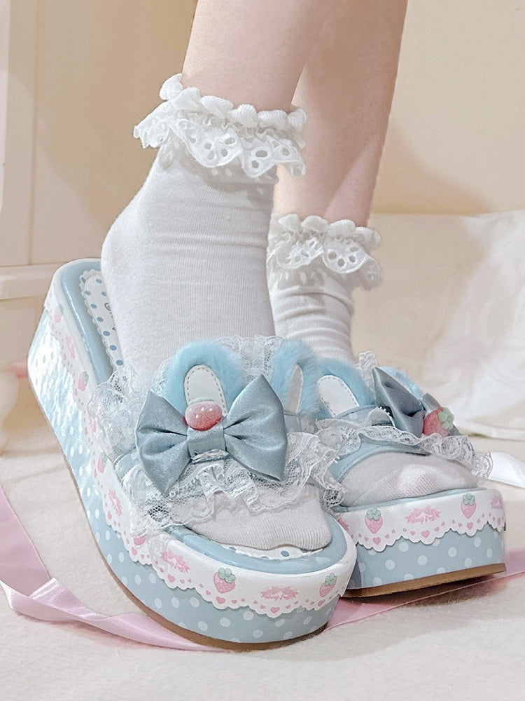 Blue Sweet Lolita Bow Accents Lace Trim Plush Bunny Ear Platform Slippers