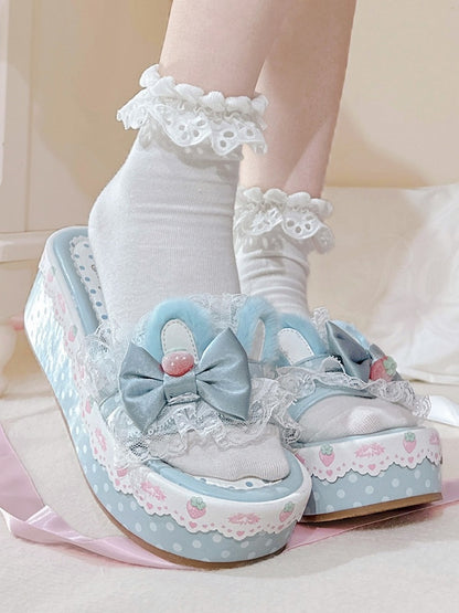 Blue Sweet Lolita Bow Accents Lace Trim Plush Bunny Ear Platform Slippers
