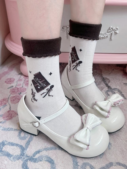 White Chocolate Print Bowknot Details Lolita Calf Socks