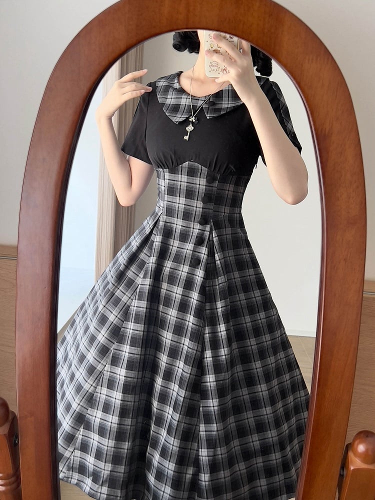 Slimming Black Retro Fashion Short Sleeves Plaid Dress