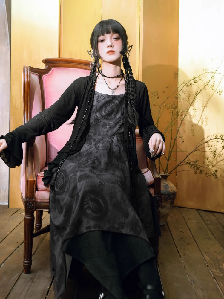 Black Chiffon Handkerchief Hem Cheongsam Style Graphic Cami Dress