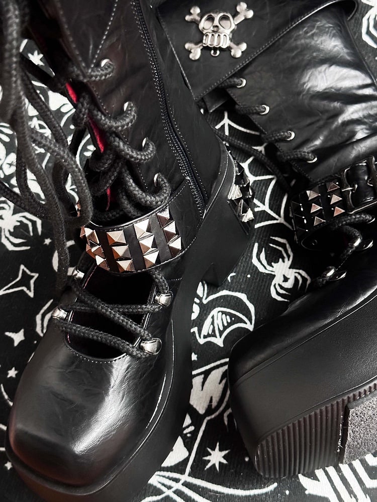 Skull and Studs Black Front Lace-up Punk Chunky Platform Boots