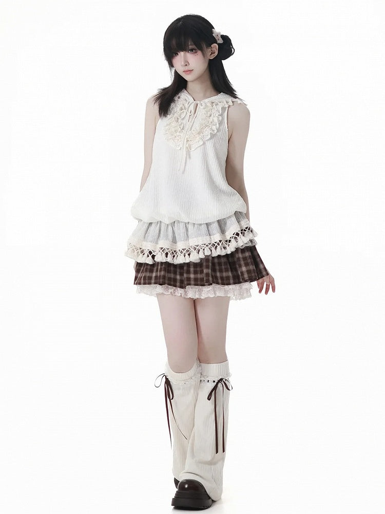 Brown Bowknot Accents White Knit Leg Warmers