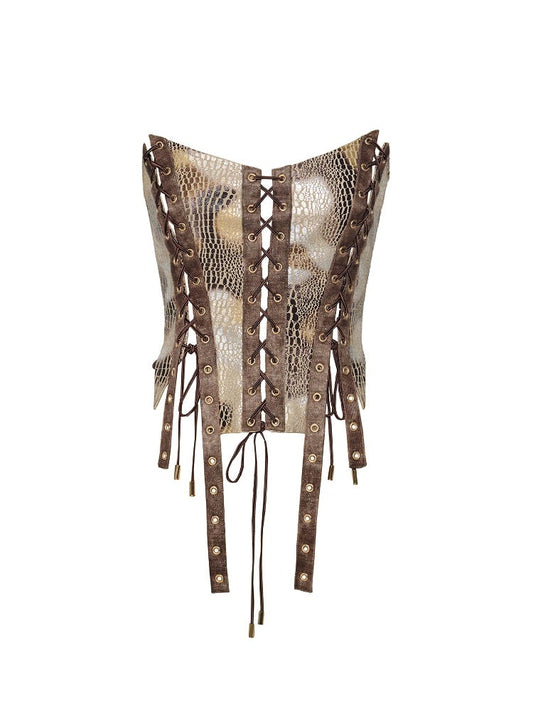 Brown Wasteland Punk Lace-up Detail Snakeskin Pattern Tube Top