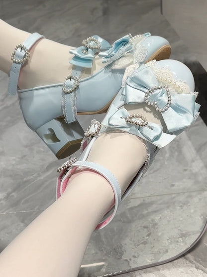 Blue Bow at Top Heart Cut-out Heels Mary Janes
