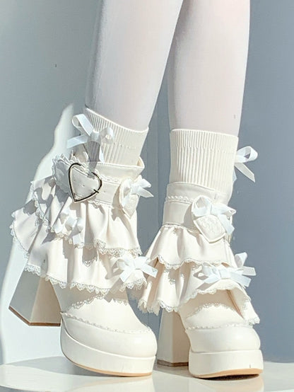 PU White Sweet Lolita High Block Heel Boots - Heart Buckle with Detachable Tiered Ruffles & Bow Details