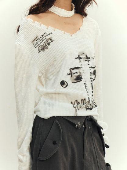 White Punk Cross V-neck Sweater with Choker