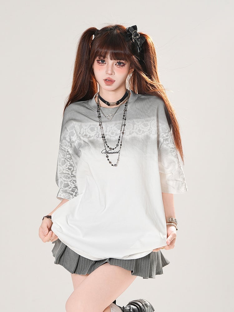 Gradient Black/White Round Neck Loose T-shirt
