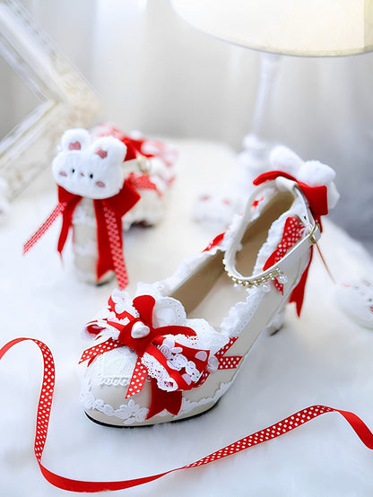 Red Sweet Lolita Bow at Top Plush Bunny Decorated 8CM Block Heels Lolita Shoes
