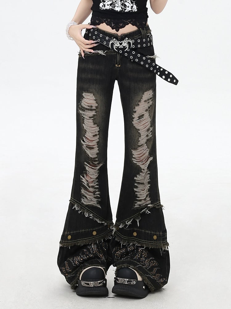 Y2K Black Distressed Holes Raw Hem Rhinestone Details Cuffs Flared Jeans