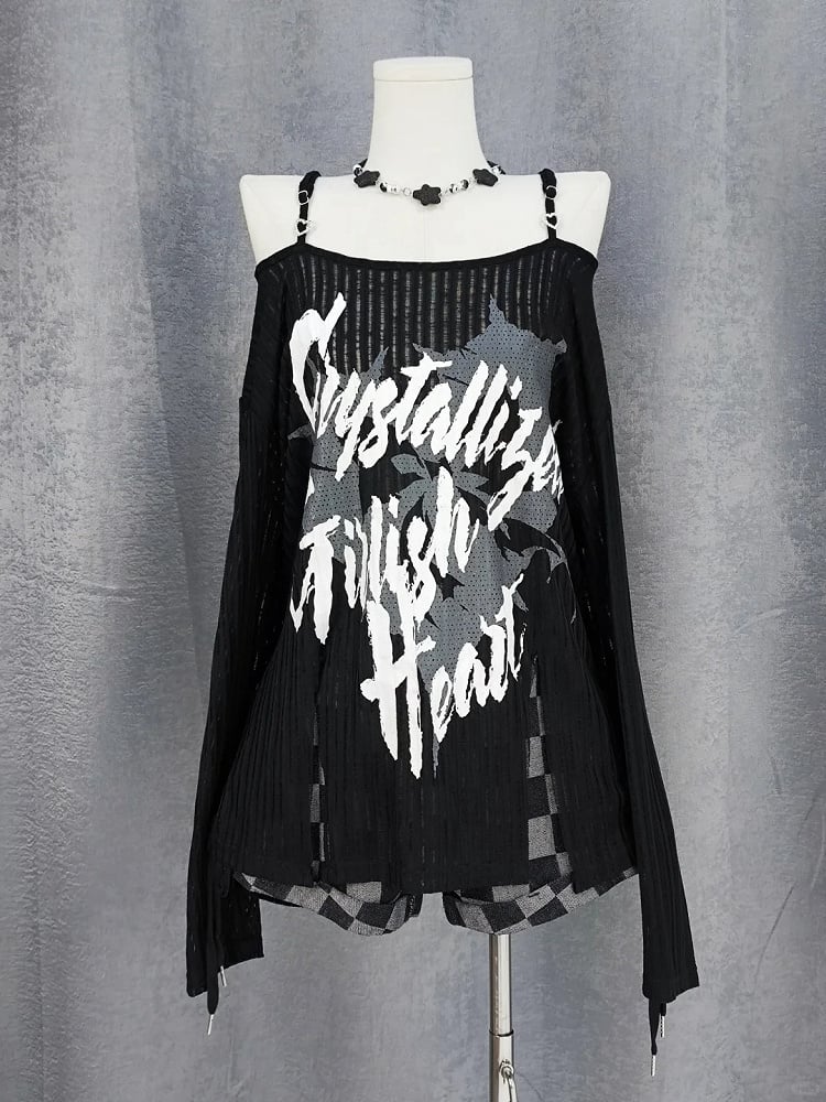 Y2K Off-the-shoulder Neckline Slit Hem Black/White Graphic Coverup