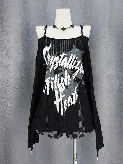 Y2K Off-the-shoulder Neckline Slit Hem Black/White Graphic Coverup