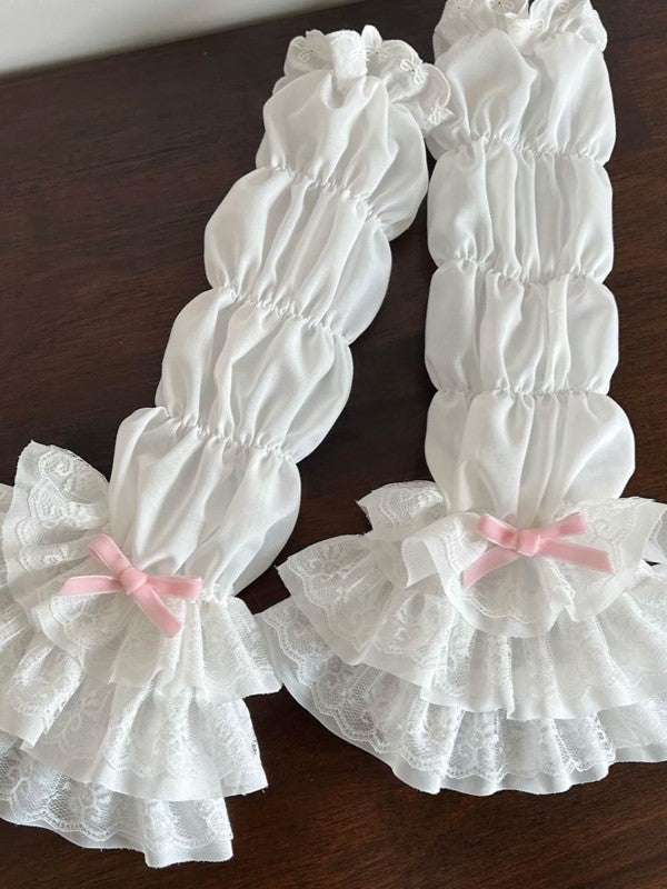 White Lolita Hollow-out Lace Tiered Cuffs Sleeves With Gray/Pink/Black Bowknot Details