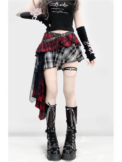 Clearance-Size M for Waist 76CM Y2K Red Plaid Asymmetrical Hem Tiered Punk Glamorous Skirt