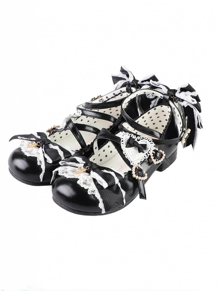 Black Sweet Lolita Bowknot Details Crisscross Design Heart Buckle Straps 2CM/5CM Block Heels Shoes