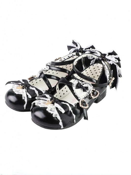 Black Sweet Lolita Bowknot Details Crisscross Design Heart Buckle Straps 2CM/5CM Block Heels Shoes