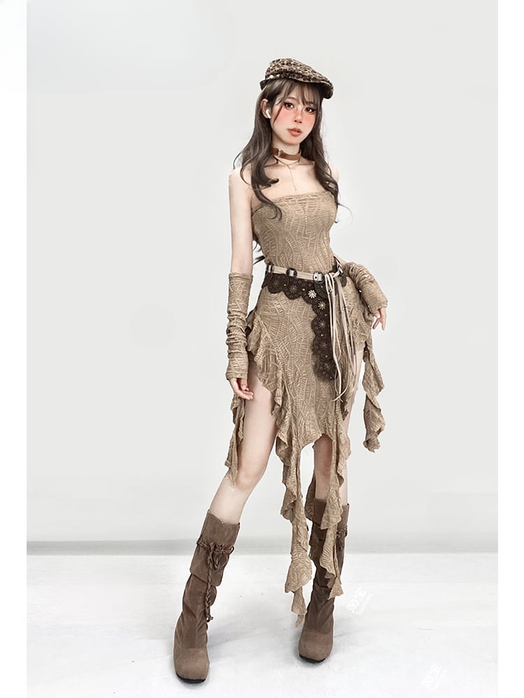 Millard Fashion Light Brown Wasteland Punk Asymmetrical Flounce Hem Strapless Dress
