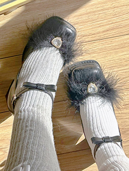 Heart-shaped Rhinestone Black High Block Heel Mary Janes