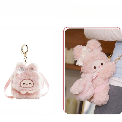 Pink Rabbit Bowknot Lace Details Plush Backpack + Keychain