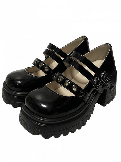 Black Heart-shaped Silver-toned Grommet Studs Platform Block Heel Mary Janes