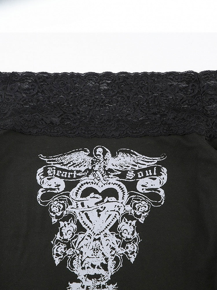 Black Off-the-shoulder Neckline Lace Detail Print Design Top