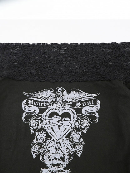 Black Off-the-shoulder Neckline Lace Detail Print Design Top