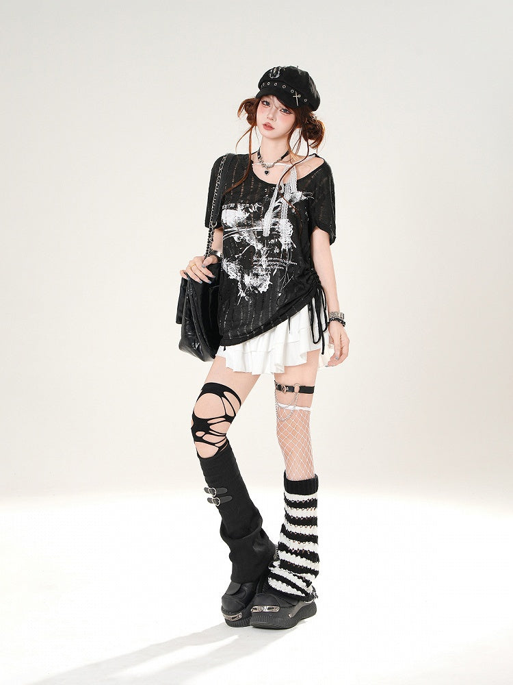 Self-tie Straps Neckline Butterfly Print Black/White Distressed Holes T-shirt
