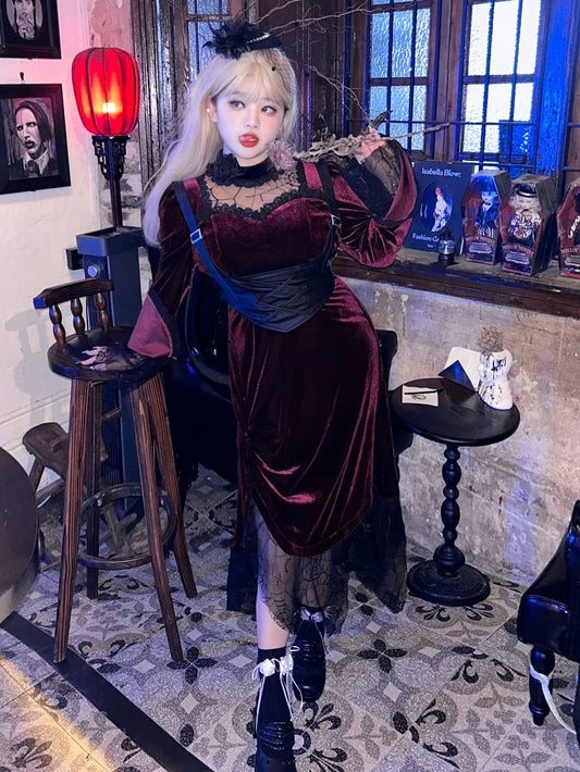 Plus Size Red Illusion Neckline Gothic Velvet Dress