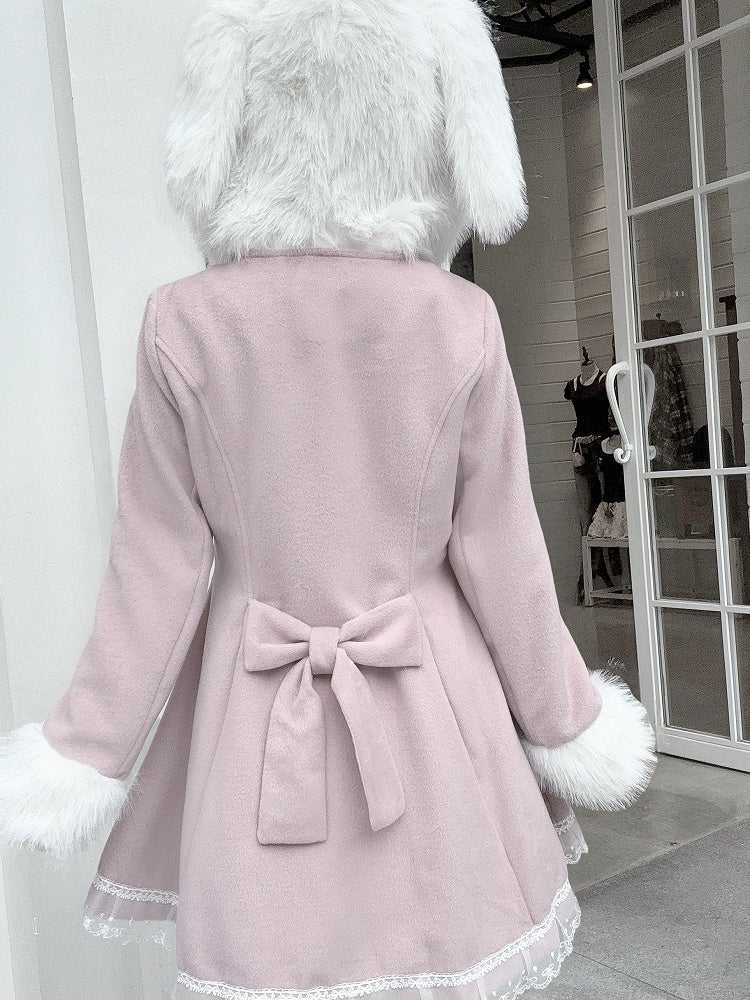 Jirai Kei Pink A-Line Waisted Coat | Detachable Plush Bunny Ear Hood & Bowknots