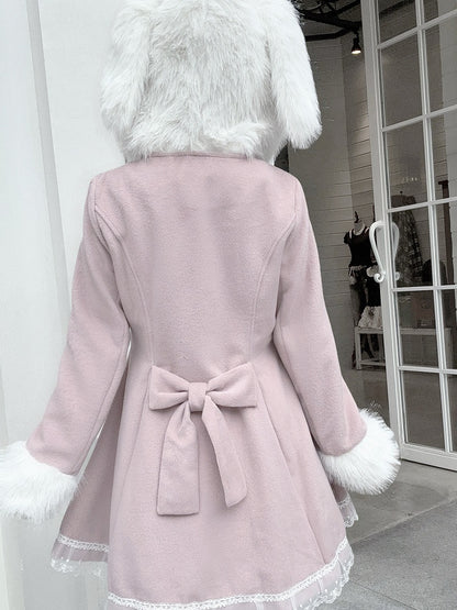 Jirai Kei Pink A-Line Waisted Coat | Detachable Plush Bunny Ear Hood & Bowknots