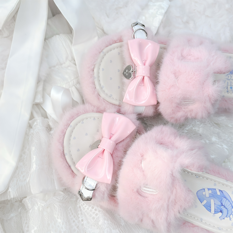 Rebellious Kitten Embroidery Slippers - Jirai Kei Pink Plush Platform with Bow & Heart Charm