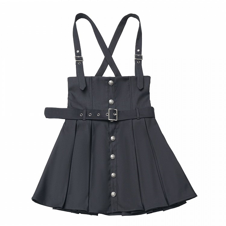 Black/Gray Adjustable Strap Box Pleat Overall Skirt with Belt